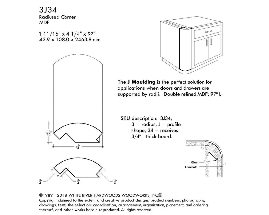 MDF Radius Corners, J Corner (accepts 3/4" plywood), 3" Radius, 4 1/4"W x 1-11/16"D x 97"L Cabinetry Corners White River Hardwoods
