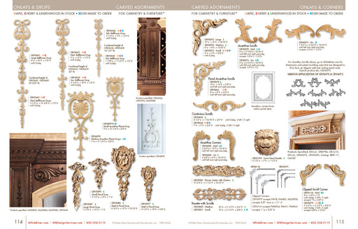 Shell & Floral Drop, Lindenwood, 6 3/4"w x 15"h x 13/16"d Carved Onlays White River Hardwoods