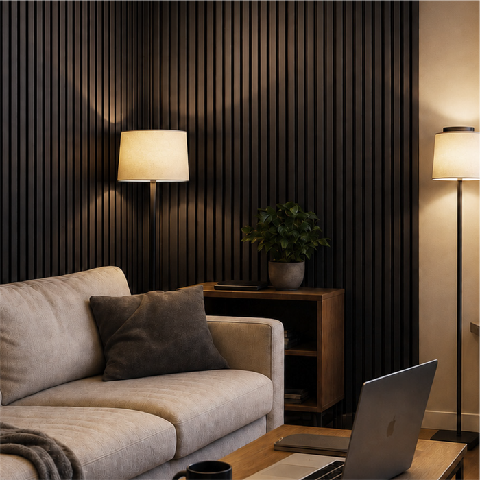 Matte Black Oak – Varnished Acoustic Panel – 1-1/2" Slat Width – 12-1/2" × 94-1/2" – Sold 2 per Carton Acoustic Slat Panel White River Hardwoods
