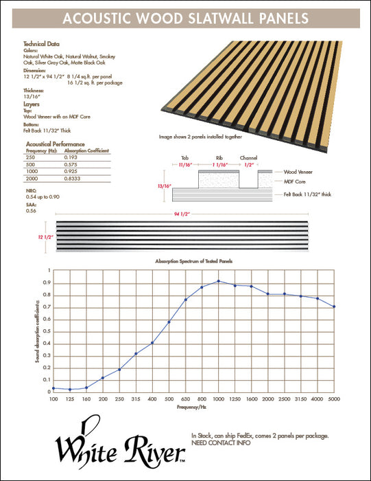 Natural White Oak – Varnished Acoustic Panel – 1-1/2" Slat Width – 12-1/2" × 94-1/2" – Sold 2 per Carton Acoustic Slat Panel White River Hardwoods