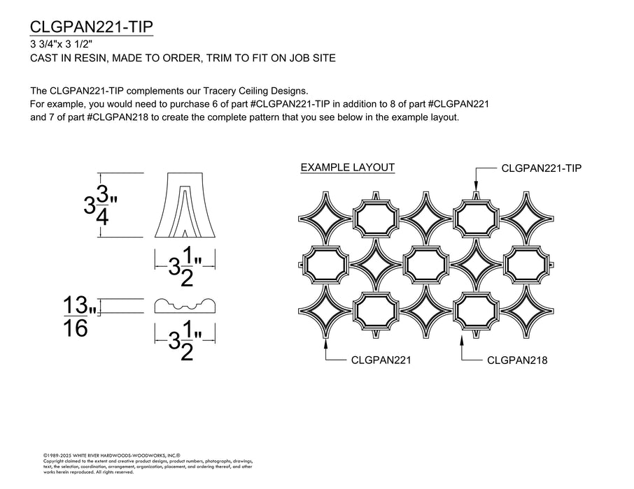 Tracery Ceiling Tip, 13/16" x 3 1/2" x 3 3/4", Resin, (Set of 8) Tracery Panel White River Hardwoods
