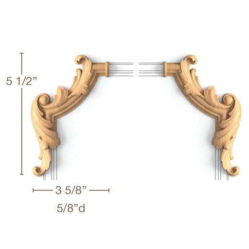 Acanthus Corners, 2 Left-Hand (LH) and 2 Right-Hand (RH) pieces, 3 5/8"w x 5 1/2"h x 5/8"d Carved Onlays White River Hardwoods   