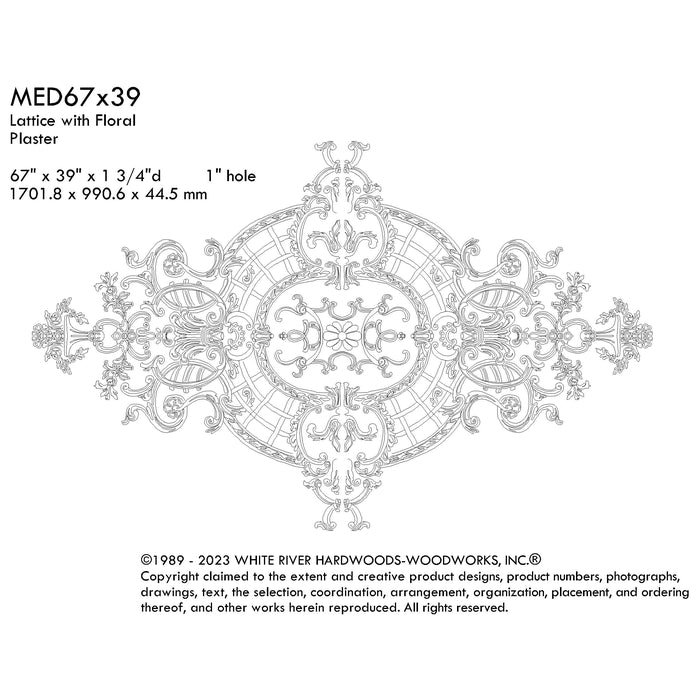 Lattice with Floral Medallion, 67'' x 39"x 1 3/4"d, 2 pieces, 1'' center hole, Plaster