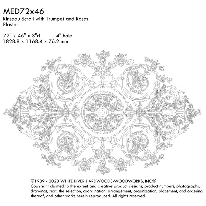 Rinseau Scroll with Trumpets and Roses Medallion,  72'' x 46'' x 3"d, 2 pieces, 4'' center hole,Plaster Plaster Medallions White River Hardwoods   