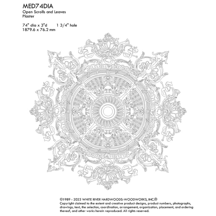 Fret, Plumes, and Ribbons Medallion, 74'' dia x 3"d, 4 pieces, 1.75'' center hole, Plaster Plaster Medallions White River Hardwoods   