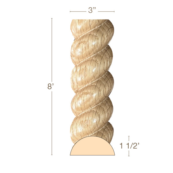 Medium Rope Moulding, 3"w x 1 1/2"d x 8' length, No Returns, Made-To-Order, 8' lengths, Resin is priced per 8' length Carved Mouldings White River Hardwoods Maple