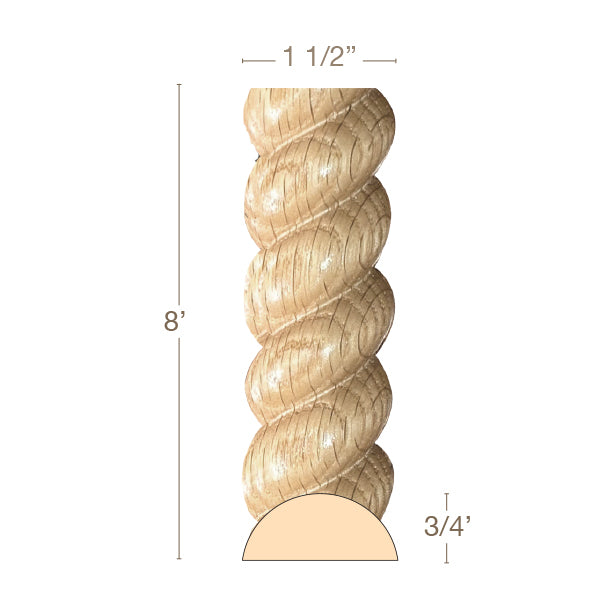 Medium Rope Half Round Lineal, 1 1/2''w x 3/4''d x 8' length, Resin is priced per 8' length Carved Mouldings White River Hardwoods Maple