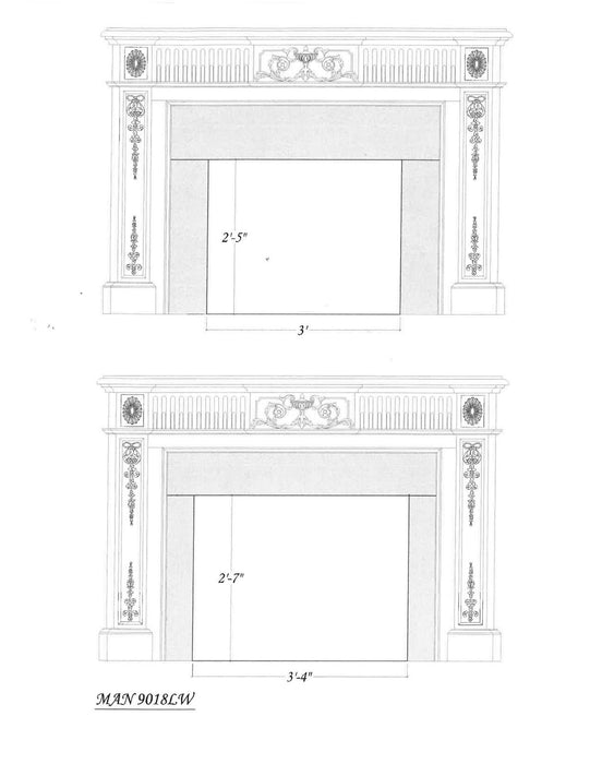 Fluting with Bellflower Drops Full Surround, 76 3/4"w x 53 1/2"h x 9 1/4"d, Lindenwood Carved Mantels White River Hardwoods