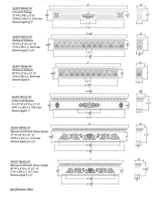 Center with Rosettes, 74 1/2"w x 13"h x 8 1/2"d Carved Mantels White River Hardwoods