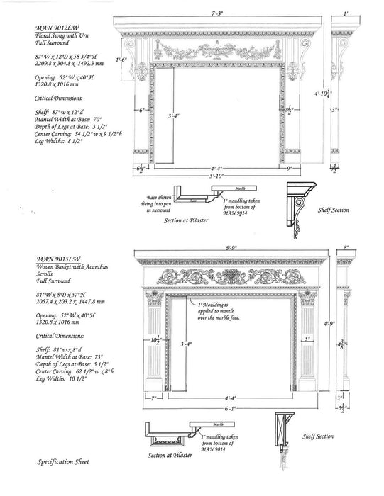 Rinceau Scrolls with Floral Basket Full Surround, 80 5/8"w x 57"h x 8"d Carved Mantels White River Hardwoods