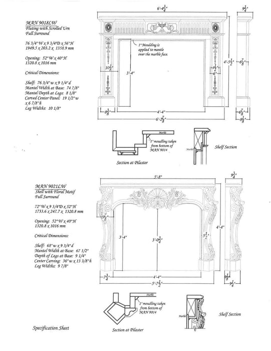 Fluting with Bellflower Drops Full Surround, 76 3/4"w x 53 1/2"h x 9 1/4"d, Lindenwood Carved Mantels White River Hardwoods