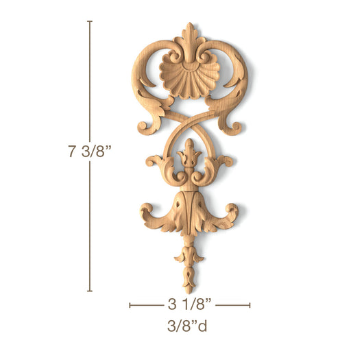 Shell & Bellflower Drop, 3 1/8"w x 7 3/8"h x 3/8"d Carved Onlays White River Hardwoods   