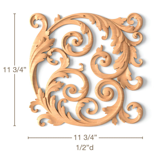 Filigree Scrolling Acanthus, Left & Right Pair, 11 3/4"w x 11 3/4"h x 1/2"d Carved Onlays White River Hardwoods   