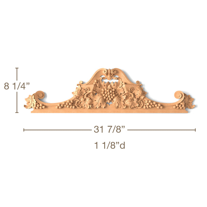 Grape Pediment, 31 7/8"w x 8 1/4"h x 1 1/8"d, SPECIAL ORDER (3-6 Weeks) Carved Pediments White River Hardwoods   