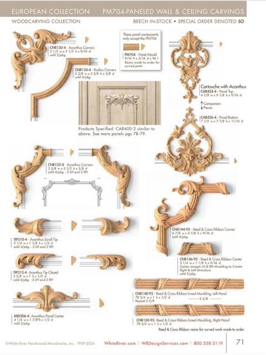 Reed & Cross Ribbon Corner Set of 4, 6 7/8"w x 6 7/8"h x 9/16"d Carved Onlays White River Hardwoods