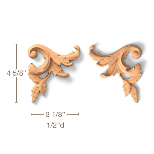 Acanthus Scrolls, Left & Right Pair, 3 1/8"w x 4 5/8"h x 1/2"d Carved Onlays White River Hardwoods   