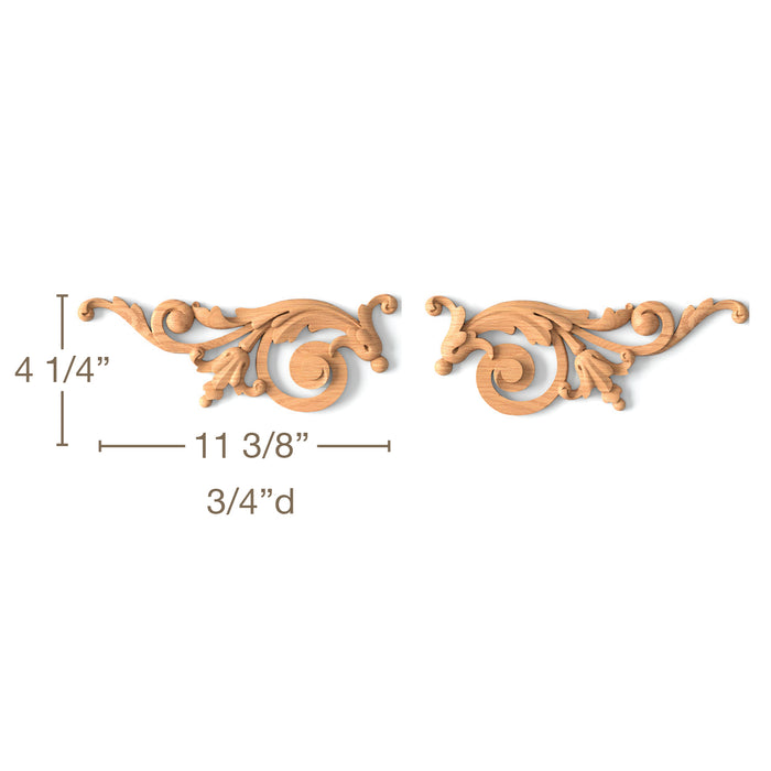 Acanthus Bellflower Scrolls, Left & Right Pair, 11 3/8"w x 4 1/4"h x 3/4"d Carved Onlays White River Hardwoods   