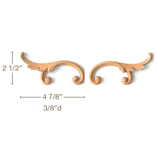 Simple Acanthus Scroll 2, Left & Right Pair, 4 7/8"w x 2 1/2"h x 3/8"d Carved Onlays White River Hardwoods   