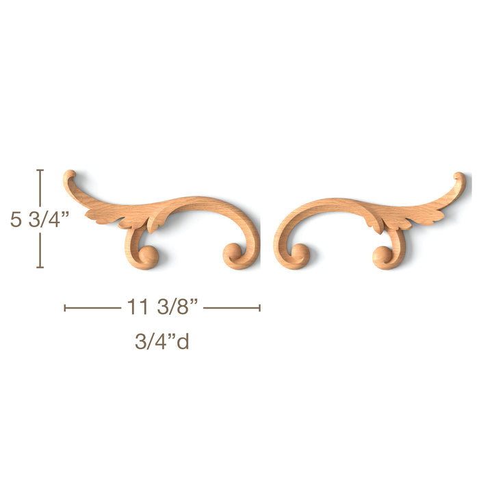 Simple Acanthus ScrollLR Pair, 11 3/8"w x 5 3/4"h x 3/4"d, SPECIAL ORDER Carved Onlays White River Hardwoods   