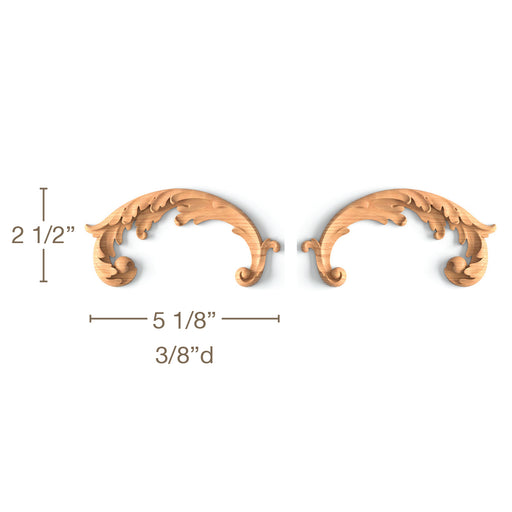 Ornate Acanthus Scrolls 2, Left & Right Pair, 5 1/8"w x 2 1/2"h x 3/8"d Carved Onlays White River Hardwoods   