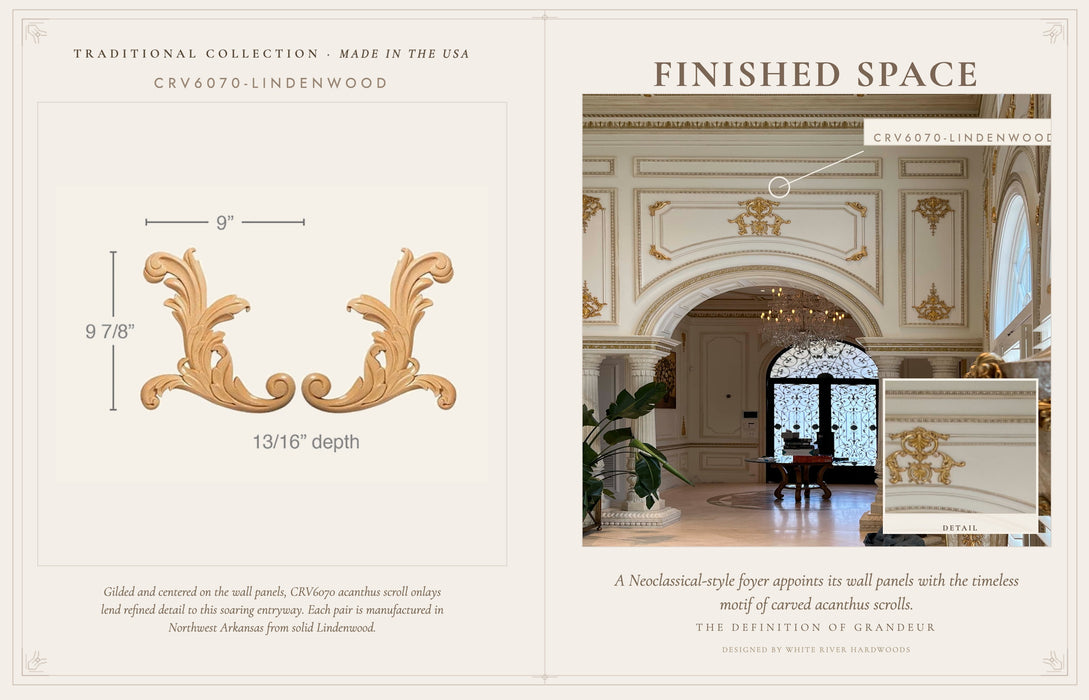 Med Acanthus Scrolls, 9w x 9 7/8h x 13/16d, 1 pair L/R Carved Onlays White River Hardwoods