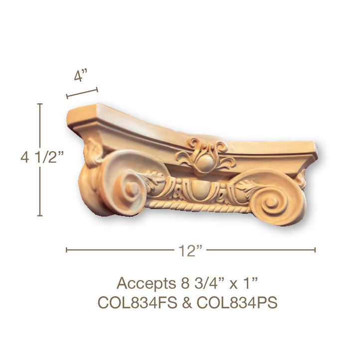 Large Ionic Capital, 12”w  x 4 1/2”h x 4”d  accepts 8 3/4” x 1”