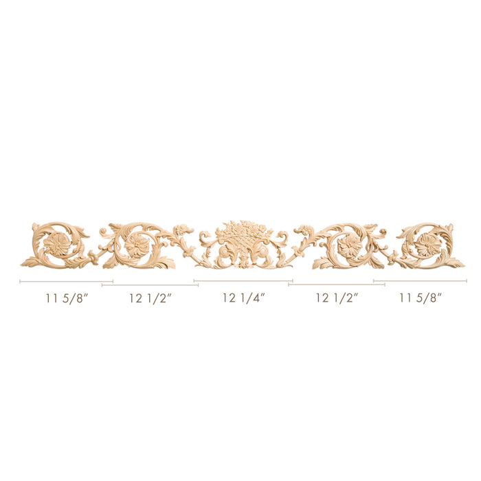 Rinceau Scrolls w/ Floral Basket, 55"w x 6 1/8"h x 13/16"d, Sold as 5 pieces Carved Rangehoods White River Hardwoods