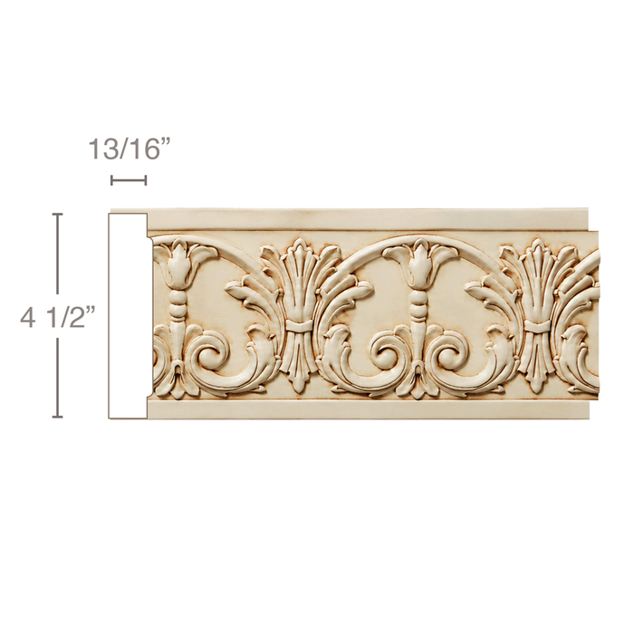 Medium Acanthus Leaf & Scrolled Bellflowers, 1"w X 4 1/2"d Friezes White River Hardwoods Poplar