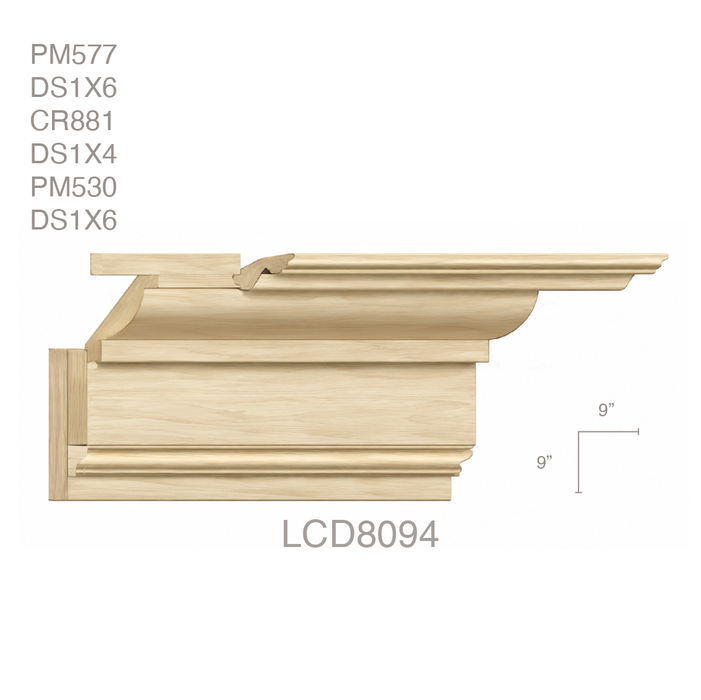 LCD - PM577, DS1X6, CR881, DS1X4, PM530, DS1X6, 9"h x 9"d LCD Crown Mouldings White River Hardwoods Poplar