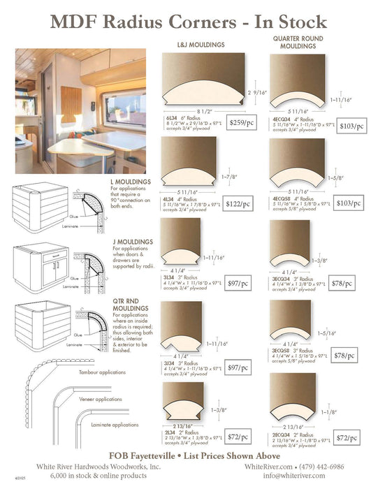 MDF Radius Corners, J Corner (accepts 3/4" plywood), 3" Radius, 4 1/4"W x 1-11/16"D x 97"L