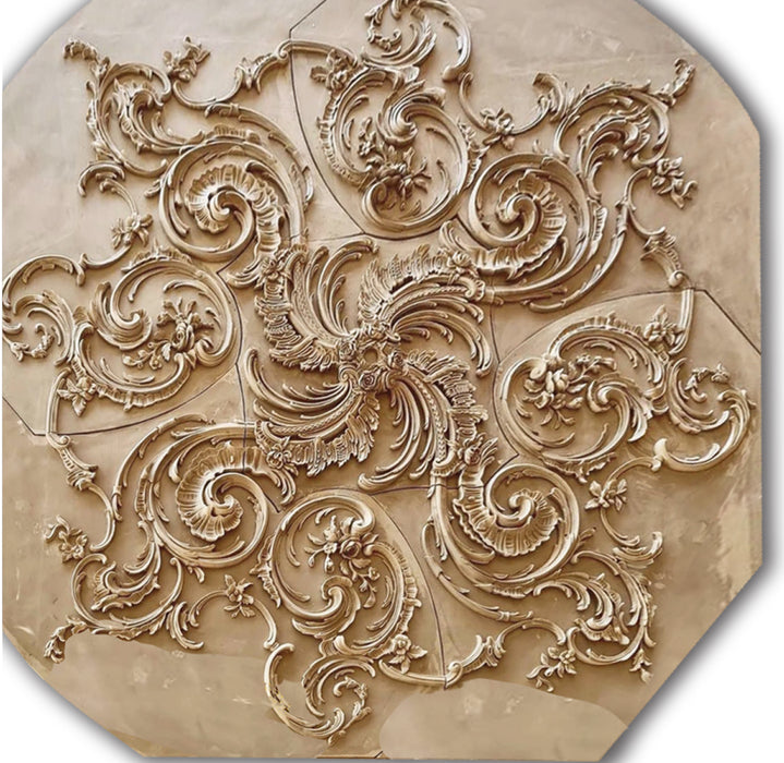 Rinceau Scrolls and Floral Medallion, 110'' dia x 2 3/4''d, 5 pieces, 2 1/2'' center hole, Plaster