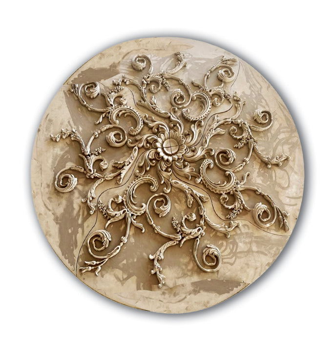 Rinceau Scrolls with Floral Medallion, 60'' dia x 1 1/2"d, 4 pieces, 3'' center hole, Plaster