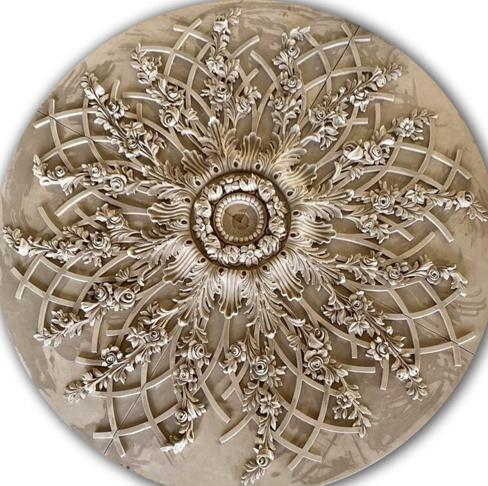 Grand Fret with Roses Medallion, 81'' dia x 3''d, 4 pieces, 6'' center hole, Plaster
