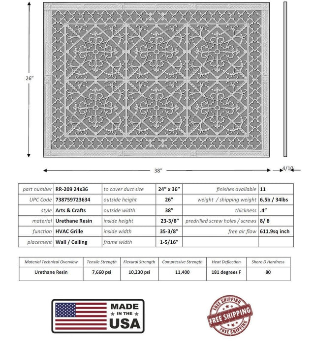 Arts and Crafts Grille for Duct Size of 24"- Please allow 1-2 weeks. Decorative Grilles White River - Interior Décor   
