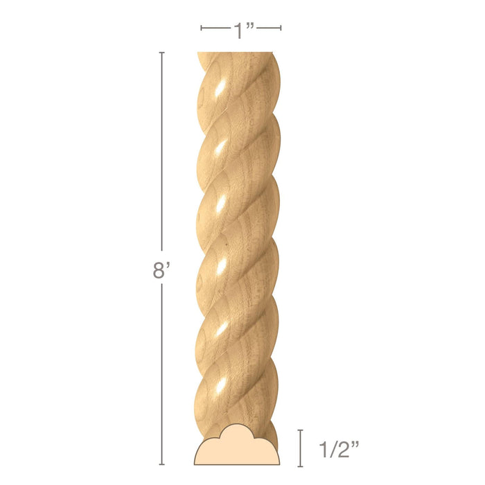Small Rope Half Round Lineal, 1''w x 1/2''d x 8' length, Resin is priced per 8' length