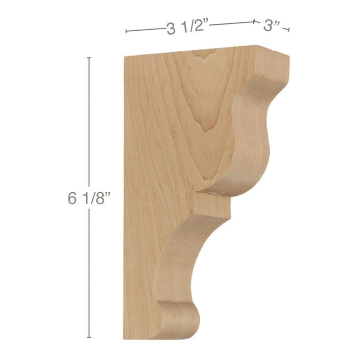 Transitional Extra Small Bar Bracket Corbel, 3"w x 6 1/8"h x 3 1/2"d Carved Corbels White River Hardwoods   