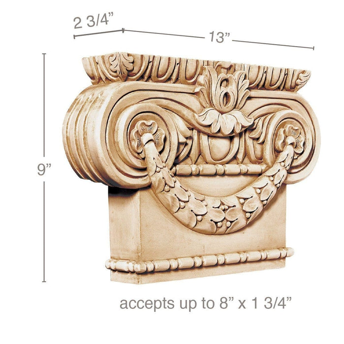 Large Ionic Capital, 13''w x 9''h x 2 3/4''d, (accepts up to 1 3/4"w x 8"d),