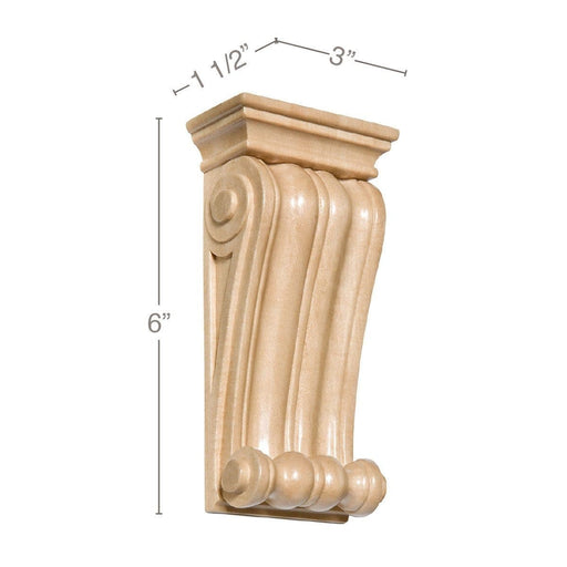 Small Classic Corbel, 3"w x 6"h x 1 1/2"d Carved Corbels White River Hardwoods Maple  