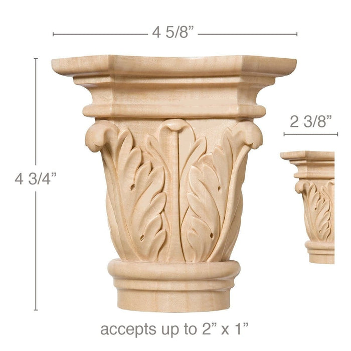 Large Acanthus Capital, 4 5/8''w x 4 3/4''h x 2 3/8''d,  (accepts up to 2"w x 1"d), Sold 2 per package Carved Capitals White River Hardwoods Maple  