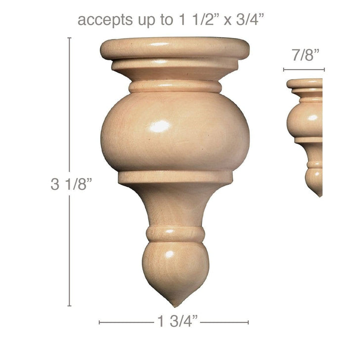 Medium Traditional Finial, 1 3/4''w x 3 1/8''h x 7/8''d, (accepts up to 1 1/2"w x 3/4"d), Sold 2 per package Carved Finials White River Hardwoods   