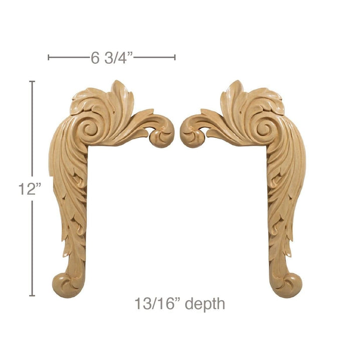 Med Acanthus Corners, 6 3/4"w x 12"h x 13/16"d, 1pair L/R Carved Onlays White River Hardwoods   