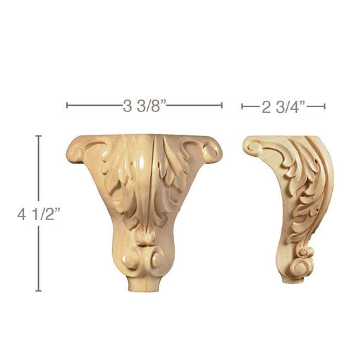 Acanthus Corner Foot (Sold 1 per package), 3 3/8"w x 4 1/2"h x 2 3/4"d Carved Bun feet White River Hardwoods   