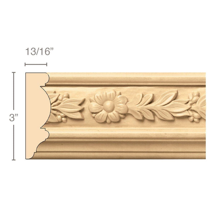 Laurel with Rosette (Repeats 7), 3''w x 13/16''d x 8' length, Resin is priced per 8' length Carved Mouldings White River Hardwoods Maple  