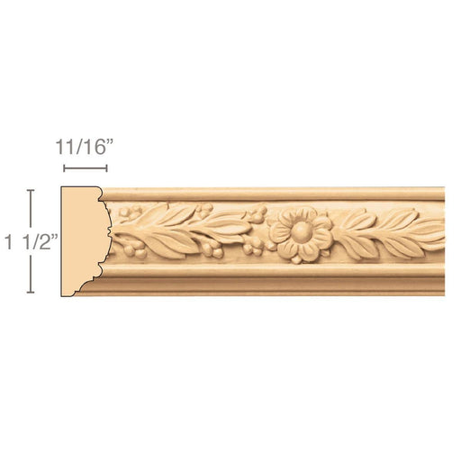 Laurel with Rosette (Repeats 5 5/8), 1 1/2''w x 11/16''d x 8' length, Resin is priced per 8' length Carved Mouldings White River Hardwoods Maple  