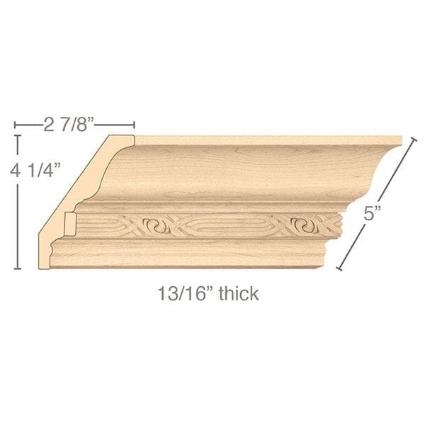 Light Rail Crown Moulding With Nouveau Insert, 5"w x 13/16"d x 8' length Carved Mouldings White River Hardwoods   